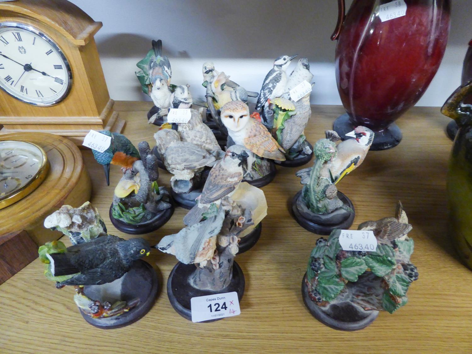 A SET OF 14 ?ANDY PEARCE? SCULPTURED RESIN MODELS OF GARDEN BIRDS, ON CIRCULAR WOODEN BASES, 4? HIGH