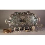 MIXED LOT ELECTROPLATE, to include: TWO HANDLED ROUND OBLONG TEA TRAY with chased floral centre
