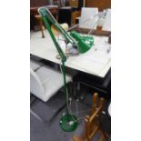 A TALL GREEN ENAMELLED METAL FLOOR STANDING ANGLEPOISE LAMP AND TWO OTHER SMALLER LAMPS (3)