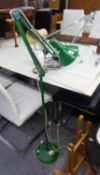 A TALL GREEN ENAMELLED METAL FLOOR STANDING ANGLEPOISE LAMP AND TWO OTHER SMALLER LAMPS (3)