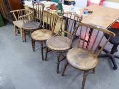 FOUR SPINDLE BACK CHAIRS WITH CIRCULAR SEATS AND A WINDSOR ARMCHAIR (BACK CUT DOWN) (5)