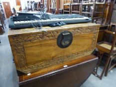 CHINESE FLORAL CARVED CAMPHOR WOOD BLANKET CHEST WITH METAL END CARRYING HANDLES, 37? WIDE