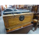 CHINESE FLORAL CARVED CAMPHOR WOOD BLANKET CHEST WITH METAL END CARRYING HANDLES, 37? WIDE