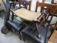 A PAIR OF OBLONG OAK FOOTSTOOLS WITH WOVEN TOPS ON TURNED SUPPORTS (2)