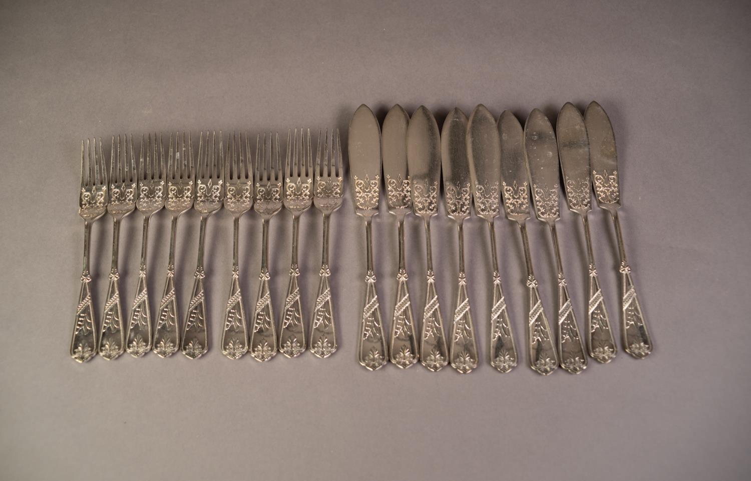 NINE PAIRS OF AESTHETIC MOVEMENT ELECTROPLATED FISH EATERS, with floral embossed handles, (18)