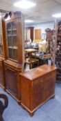 A MODERN BURRWOOD SIDE CABINET AND A FLOOR STANDING CORNER CUPBOARD (2)