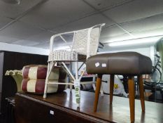 A WHITE LOOM TUB ARM CHAIR, A POUFFE AND A FOOTSTOOL