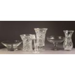 FOUR CUT GLASS FLOWER VASES, including a ROYAL DOULTON EXAMPLE, together with a DARTINGTON GLASS