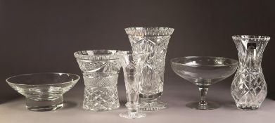 FOUR CUT GLASS FLOWER VASES, including a ROYAL DOULTON EXAMPLE, together with a DARTINGTON GLASS