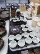 DENBY POTTERY 'ARABESQUE' PATTERN TEA AND COFFEE WARES, approx 34 pieces, COMPRISING; 12 TEACUPS AND