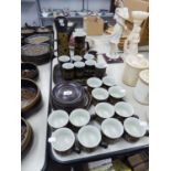 DENBY POTTERY 'ARABESQUE' PATTERN TEA AND COFFEE WARES, approx 34 pieces, COMPRISING; 12 TEACUPS AND