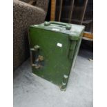 THOMAS WITHERS AND SON LTD. SMALL BENTSTEEL SAFE WITH METAL DROP HANDLE TO THE TOP AND DOOR, 15"