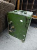 THOMAS WITHERS AND SON LTD. SMALL BENTSTEEL SAFE WITH METAL DROP HANDLE TO THE TOP AND DOOR, 15"