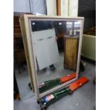 A LARGE RECTANGULAR BEVELLED EDGE WALL MIRROR IN GREEN AND PURPLE COLOURED FRAME (134cm x 103cm)