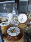 PORCELAIN QUARTZ MANTEL CLOCK AND 3 CIRCULAR WOODEN TURNED WALL CLOCKS