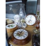 PORCELAIN QUARTZ MANTEL CLOCK AND 3 CIRCULAR WOODEN TURNED WALL CLOCKS