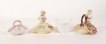 TWO VICTORIAN MOULDED CHINA BASKETS MODELLED WITH FEMALE FIGURES, one with young girl, yellow glazed