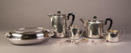 FOUR PIECE HOTEL PLATE TEA SET, together with THREE PAIRS OF SUGAR TONGS and an OVAL ENTRÉE DISH AND