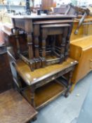 OAK PRIORY STYLE OCCASIONAL TABLE, HAVING TWO SHORT DRAWERS AND UNDERSHELF AND NEST OF THREE