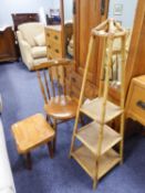 A FRENCH STYLE PAINTED CHAIR, A SOLID WOOD SPINDLE BACK DINING CHAIR WITH CIRCULAR SEAT, A SMALL