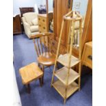 A FRENCH STYLE PAINTED CHAIR, A SOLID WOOD SPINDLE BACK DINING CHAIR WITH CIRCULAR SEAT, A SMALL