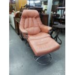 GOOD QUALITY DESIGN RECLINING ARMCHAIR IN PINK/PEACH AND MATCHING FOOTSTOOL (2)