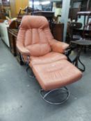 GOOD QUALITY DESIGN RECLINING ARMCHAIR IN PINK/PEACH AND MATCHING FOOTSTOOL (2)