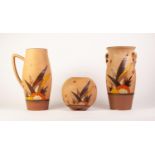 THREE BRENTLEIGH WARE ART DECO POTTERY VASES PAINTED IN MATCHING DESIGNS of stylised foliate on buff