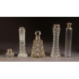 FIVE PIECES OF VICTORIAN AND LATER SILVER MOUNTED CUT GLASS, comprising: TALL FACET CUT TOILET JAR