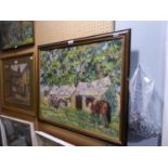 J. BRINDLE (TWENTIETH CENTURY) OIL PAINTING ON CANVAS FIGURES AND HORSES BEFORE FARM BUILDINGS