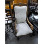 VICTORIAN BEECH WOOD ROCKING CHAIR WITH SCROLL ARMS, UPHOLSTERED BACK AND SEAT