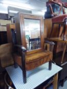 A CHILD?S STAINED WOOD EASY ARMCHAIR AND A STAINED WOOD MEDICINE CABINET WITH MIRROR DOOR