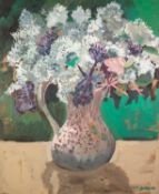 THOMAS DURKIN (1928-1990) OIL ON BOARD, heightened with pink pastel Still Life-jug of flowers Signed