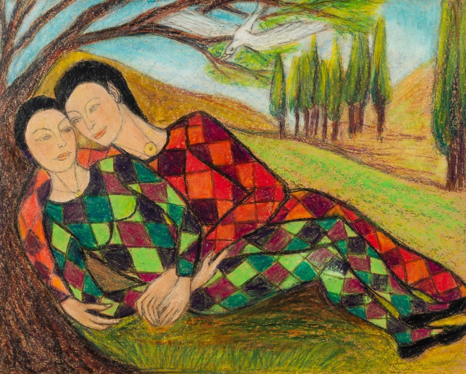 GOLDA ROSE (1921-2016) MIXED MEDIA ON BOARD Harlequin Lovers Unsigned 10 ½? x 13? (26.7cm x 33cm)