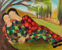 GOLDA ROSE (1921-2016) MIXED MEDIA ON BOARD Harlequin Lovers Unsigned 10 ½? x 13? (26.7cm x 33cm)