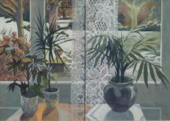 SHIRLEY EASTON (LATE TWENTIETH CENTURY) ACRYLIC ?Window Duet? Signed, titled to ?Royal Academy