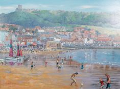 HILARY BURNETT COOPER (MODERN) ACRYLIC ON CANVAS ?Enjoying Scarborough? Signed 24? x 32? (61cm x