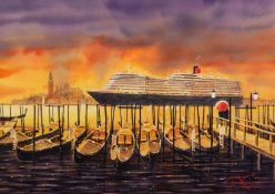 PETER J. RODGERS (MODERN) WATERCOLOUR ?Evening Departure Venice? Signed, titled to label verso 20? x