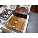 VICTORIAN LADIES BURR WALNUTWOOD WORK BOX WITH BRASS TABLET, ROUNDED LONG EDGES AND BUTTONED BLUE