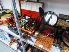 SQUARE PRINTERS BLOCK, WHEEL SHAPED BAROMETER, EBONY ANIMAL ORNAMENTS, OAK CANTEEN BOX AND VARIOUS