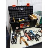 LARGE TOOL BOX CONTAINING VARIOUS TOOLS, HAND SAWS, STANLEY PLANE, CLAMPS ETC.....