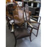 PAIR OF MID/ LATE TWENTIETH CENTURY STAINED BEECH HIGH BACK CARVER DINING CHAIRS, each with caned