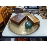 SMALL EARLY TWENTIETH CENTURY LIGHT OAK OBLONG BOX WITH HINGE LID AND PLUSH INTERIOR, OAK CUTLERY