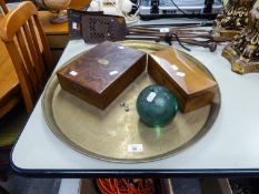 SMALL EARLY TWENTIETH CENTURY LIGHT OAK OBLONG BOX WITH HINGE LID AND PLUSH INTERIOR, OAK CUTLERY