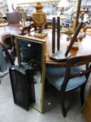 A SMALL HARDWOOD MILKING STOOL; A FOUR-FOLD SPARK GUARD AND A GILT FRAMED ROBING MIRROR (3)