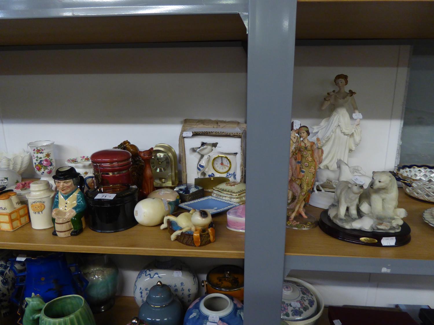 DECORATIVE ITEMS VARIOUS TO INCLUDE; FIGURINES, POLAR BEAR ORNAMENT, VARIOUS POTTERY TRINKET