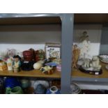 DECORATIVE ITEMS VARIOUS TO INCLUDE; FIGURINES, POLAR BEAR ORNAMENT, VARIOUS POTTERY TRINKET