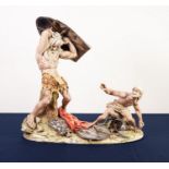 IMPRESSIVE MODERN CAPO DI MONTE CHINA AND SILVERED METAL GROUP OF DAVID AND GOLIATH, SIGNED