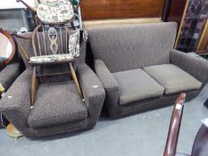1950'S LOUNGE SUITE OF THREE PIECES, COVERED IN BROWN PATTERNED MOQUETTE