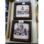 TWO EIGHTEENTH CENTURY DUTCH DELFT MANGANESE DECORATED SQUARE TILES, ONE A FIGURE IN A LANDSCAPE,